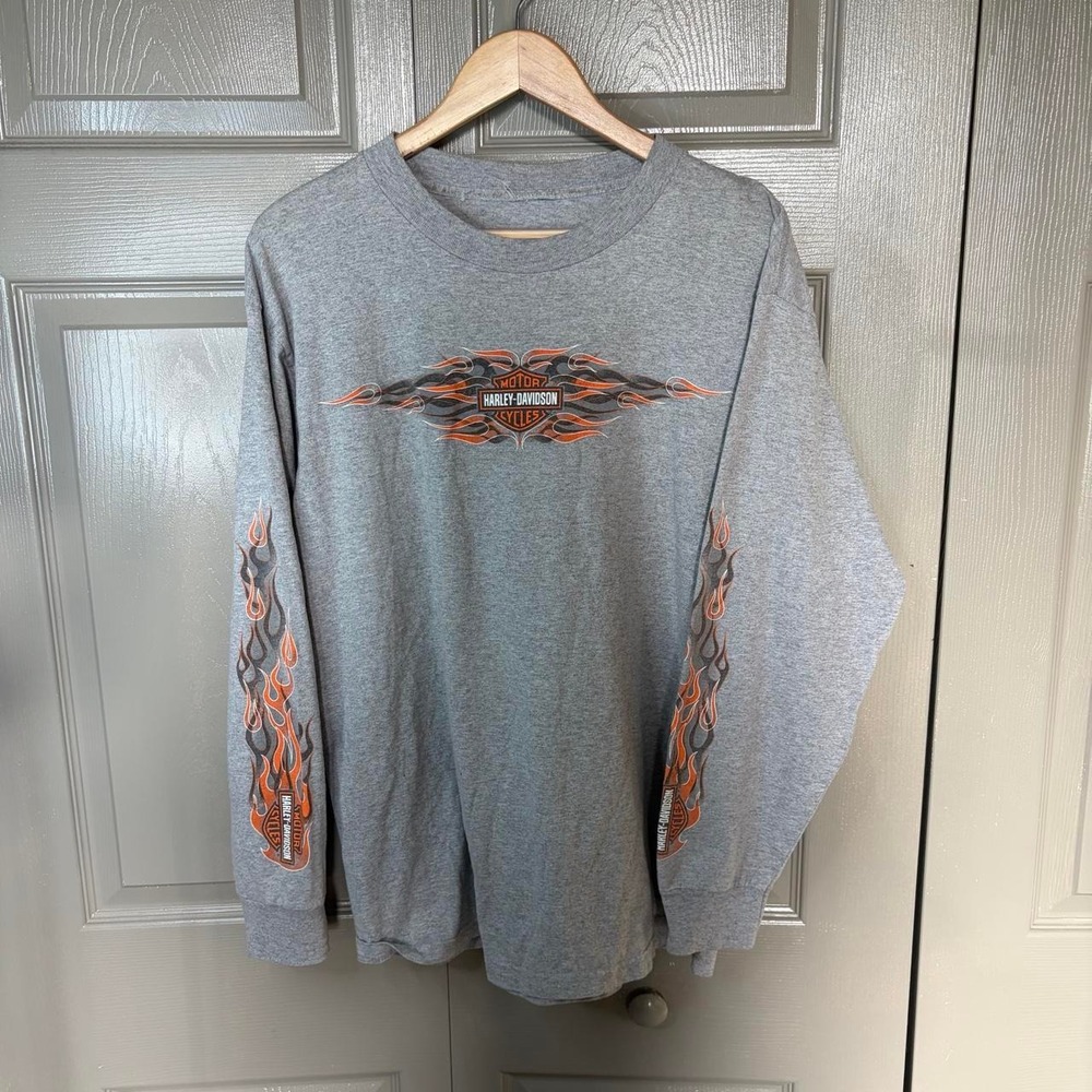 Vintage Harley Davidson Flame Sleeve Long Sleeve Shirt Grey Mens Large PA